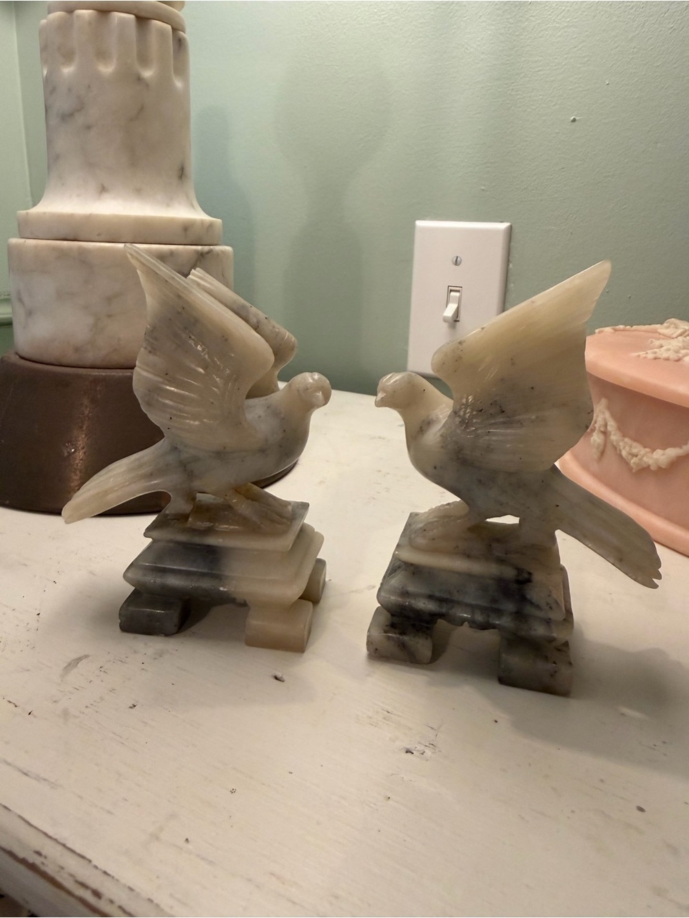 Marble Dove Figurine Pair - Cream and Gray Decorative Bookends
